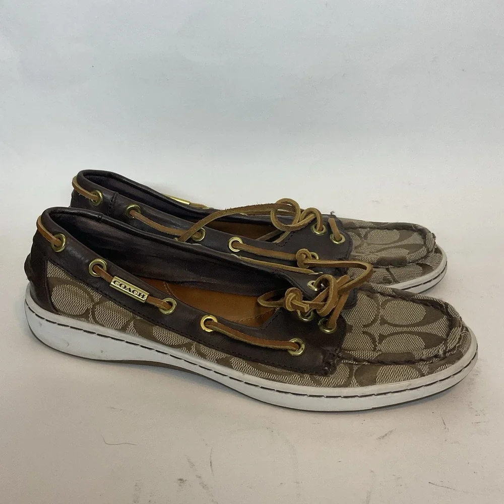 Coach Richelle‎ Topsider Boat Shoes Canvas Leather brown Womens Size 7B Monogram